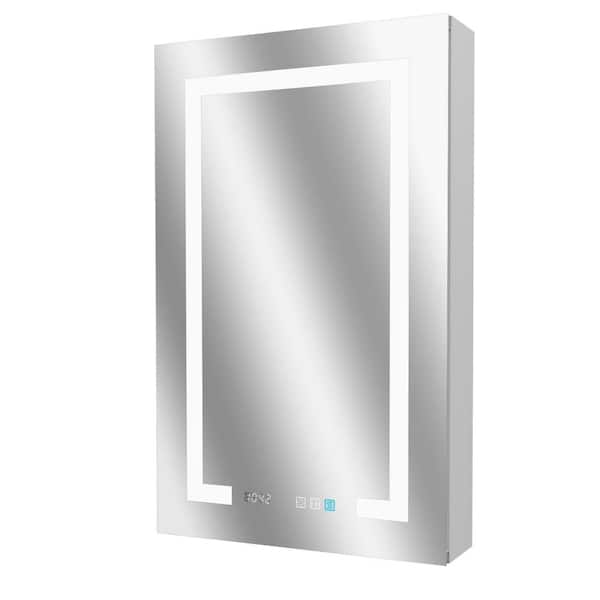 tunuo 20 in. W x 32 in. H Silver Aluminum Recessed/Surface Mount Medicine Cabinet with Mirror and Clock Display