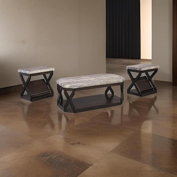 48 in. Brown and Gray Rectangle Marble Top End Table (Set of 3)
