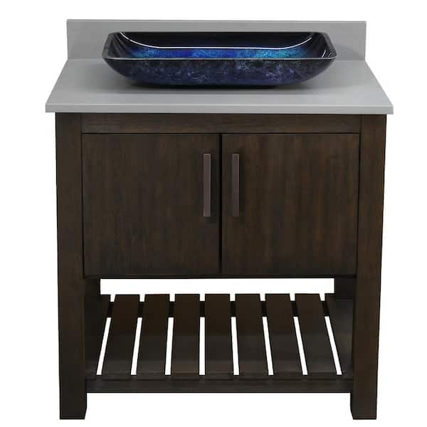 Ocean Breeze 31 in. W x 22 in. D x 31 in. H 1 Blue Black Sink ORB Drain Bath Vanity in Cafe with Smoke Grey Quartz Top