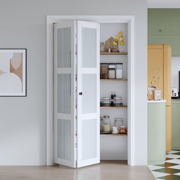 42 in. x 80 in. 3 Lite Frosted Glass White Finished Solid MDF Bi-Fold Door with Hardware Kit