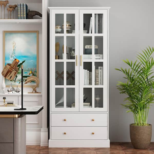 FUFU&GAGA White Wood 4-Shelf Standard Bookcase Bookshelf With Tempered Glass Doors, 2 Drawers (70.1 in. H x 31.5 in. Wide)