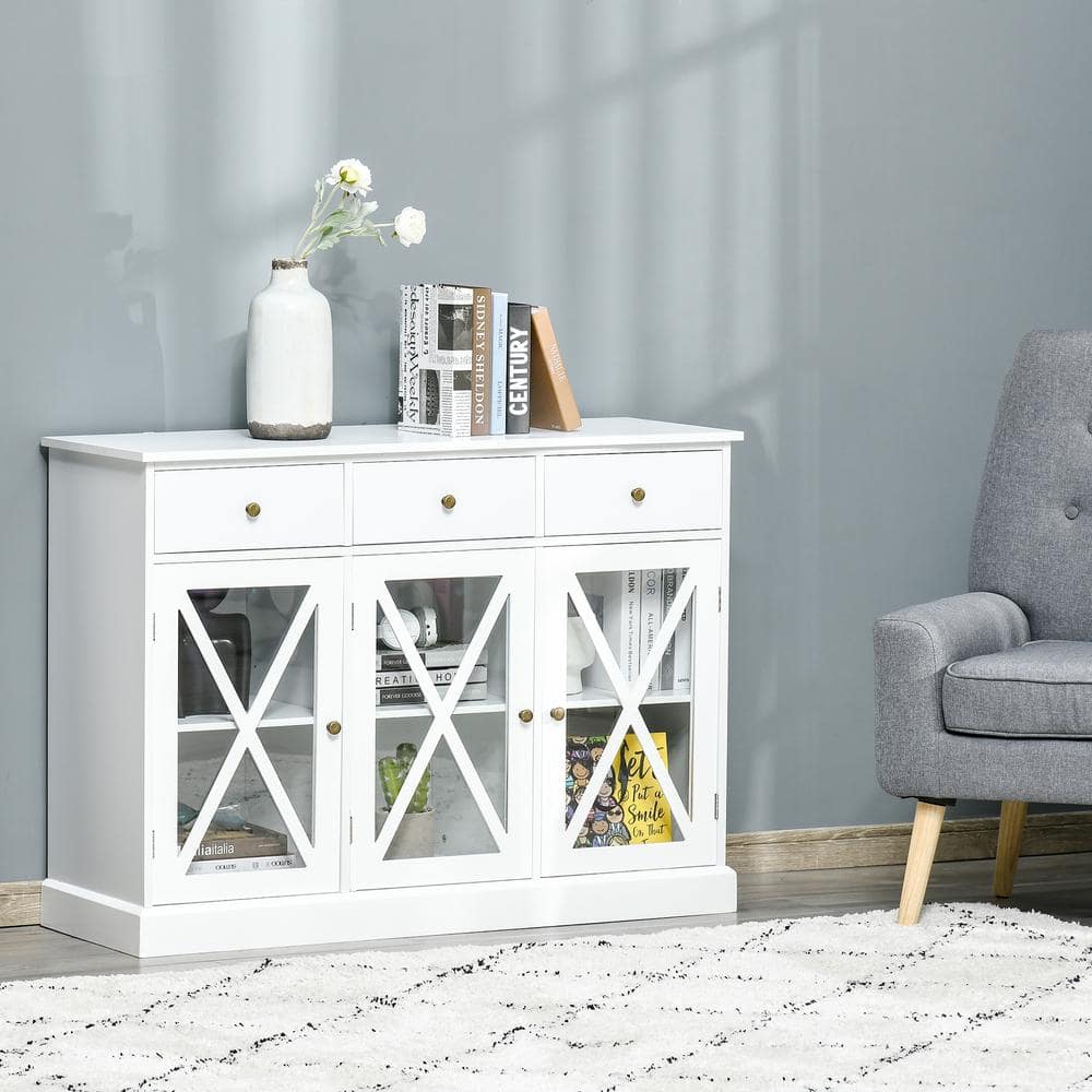 White Farmhouse Style Sideboard Buffet Cabinet with Glass Doors and Drawers