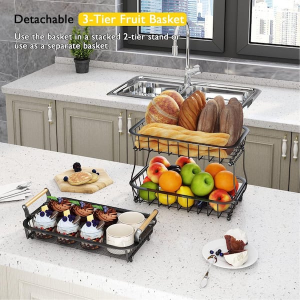 1 Piece 3-Tier Metal Mesh Fruit Basket with 2-Banana Hangers Kitchen Counter Produce Stand for Bread Snack Vegetable