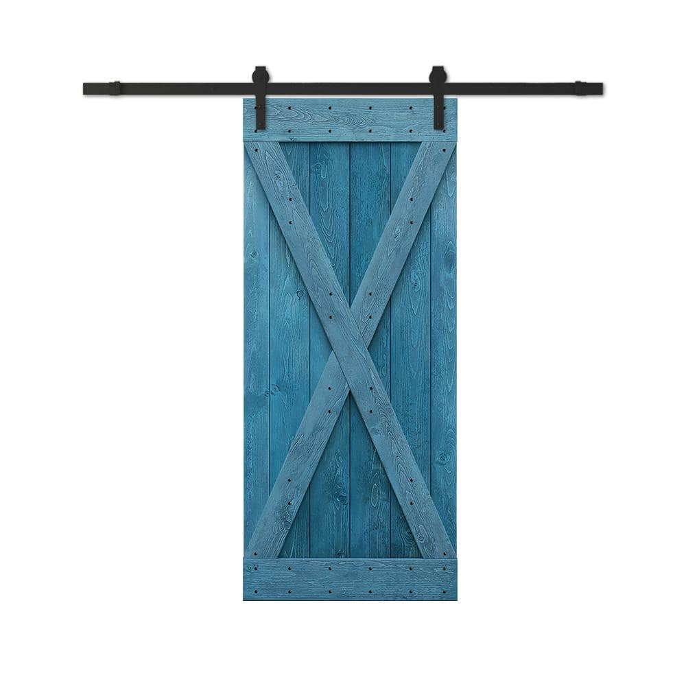84'' Ocean Blue Solid Wood Barn Door with Matte Black Hardware