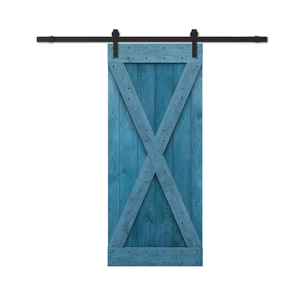 34 in. x 84 in. Ocean Blue Stained Assembly Required Wood Interior Sliding Barn Door with Hardware Kit
