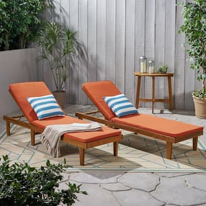 Nadine Teak Brown 2-Piece Wood Outdoor Patio Chaise Lounge with Orange Cushions