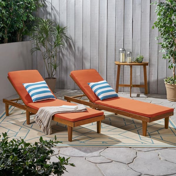 Noble House Nadine Teak Brown 2-Piece Wood Outdoor Patio Chaise Lounge with Orange Cushions