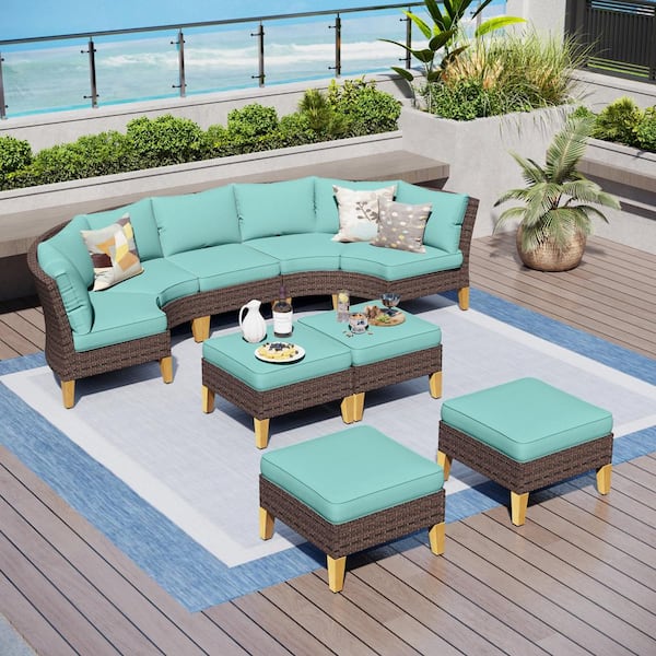 PHI VILLA Brown Rattan Wicker 9 Seat 9-Piece Steel Outdoor Patio Conversation Set with Blue Cushions