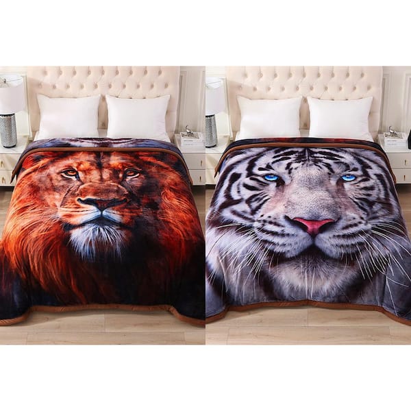 Lion and Tiger 3-Ply Reversible Polyester Fleece Blanket for Winter 85 in. x 93 in. 8 lbs.