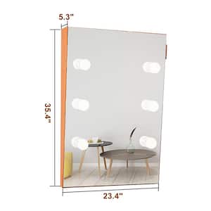 23.4 in. W x 35.4 in. H Natural Wooden Wall Vanity Mirror with LED Bulbs