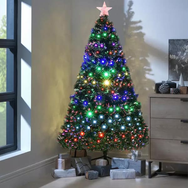 6 ft. Green Pre-lit LED Fiber Optic Artificial Christmas Tree with 230 Multi-Color LED Lights and Metal Stand