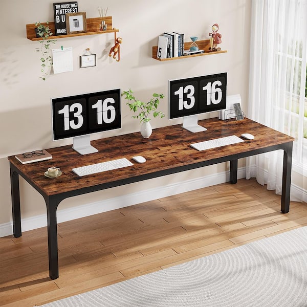 Moroni 78.7in. Rectangle Brown and Black Wooden Extra Long Computer Desk 2 Person Desk Workstation with Metal Frame
