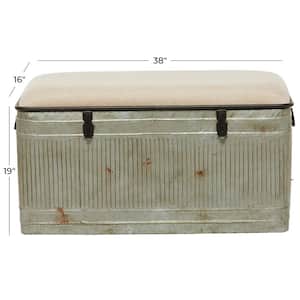 Gray Galvanized Storage Bench with Cream Burlap Top and Latches 19 in. X 38 in. X 16 in.