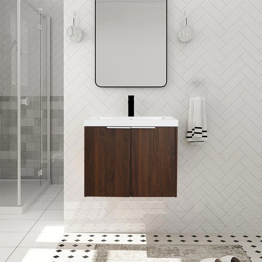 24 in. W x 18 in. D x 19 in. H Float Mounting Bath Vanity in Walnut with White Resin Basin Top,Soft Close Doors price history on PriceWatchPro