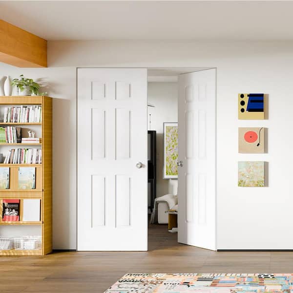 60 in. x 80 in. 6-Panel, Composite, MDF White Primed, Hollow Core Interior Door Slab with Silver Sphere Doorknob