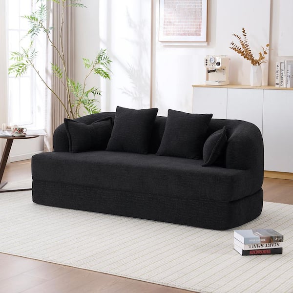 70 in. 2-in-1 Black Chenille Foldable Boneless Twin Size Sofa Bed with 4 Pillows
