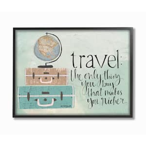 11 in. x 14 in. "Aqua Blue Travel Makes You Richer Suitcases and Globe Drawing Black Framed Wall Art" by Katie Douette