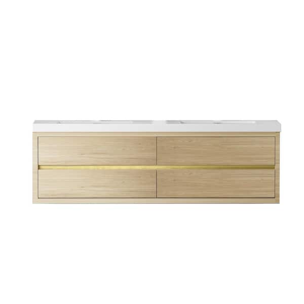 71 in. W x 20 in. D x 22 in. H Double Sink Wall-Mounted Bath Vanity in Oak Natural Wood with White Solid Surface Top