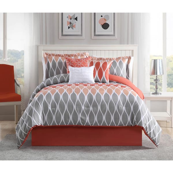 Unbranded Clarisse Coral/Grey/White 7-Piece Full/Queen Comforter Set