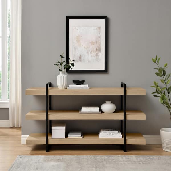 Welwick Designs 60 in. Coastal Oak/Black Wood and Metal Modern 3-Shelf Low Open Bookcase (34 in. H)