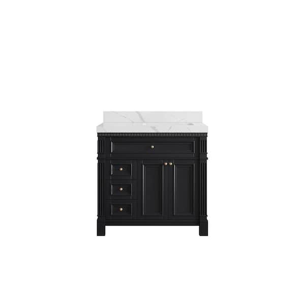 Willow Collections Paris 36 in. W x 22 in. D x 36 in. H Right Offset Sink Bath Vanity in Black with 2 in. Calacatta Laza qt. Top