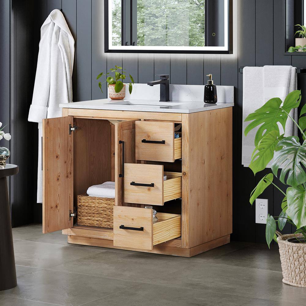 Cicero 36" Light Brown Fir Wood Vanity with White Stone Top