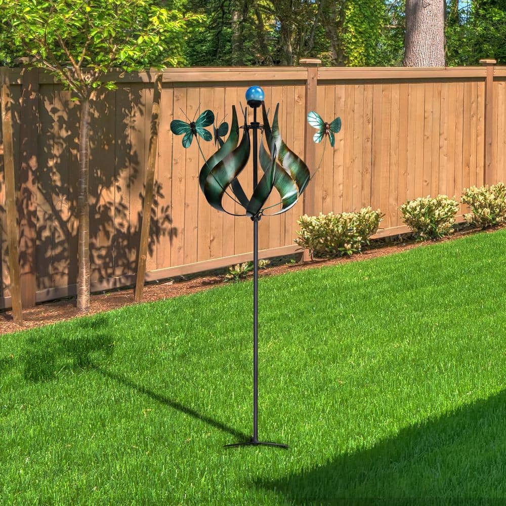 Teal Metal Tulip and Butterfly Kinetic Windmill with LED Light