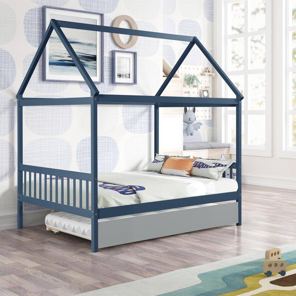 79.5in.Lx57in.W Blue Pine Full Size House Kids Bed with Trundle