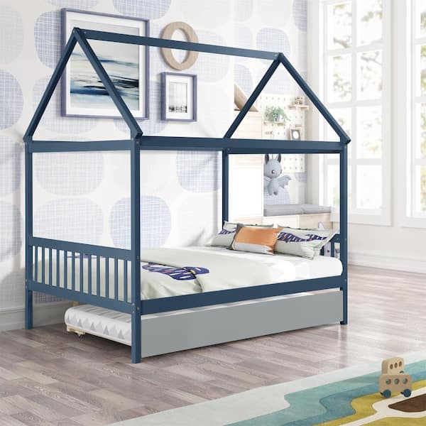 79.5in.Lx57in.W Blue Pine Full Size House Kids Bed with Trundle