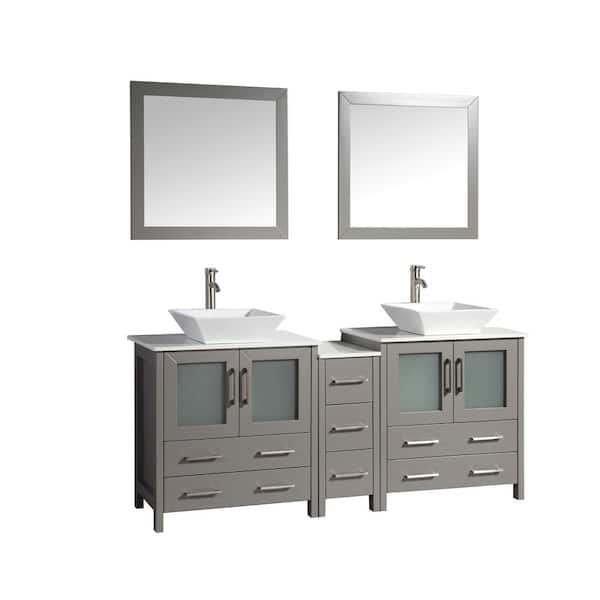 Vanity Art Ravenna 72 in. W Bathroom Vanity in Grey with Double Basin in White Engineered Marble Top and Mirrors