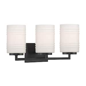 Leavenworth 23.5 in. 3-Light Matte Black Modern Vanity with Etched Opal Ribbed Glass Shades