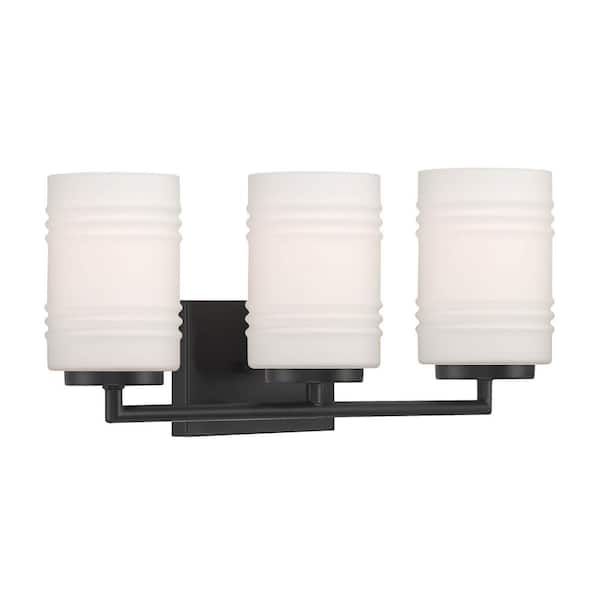 Designers Fountain Leavenworth 23.5 in. 3-Light Matte Black Modern Vanity with Etched Opal Ribbed Glass Shades