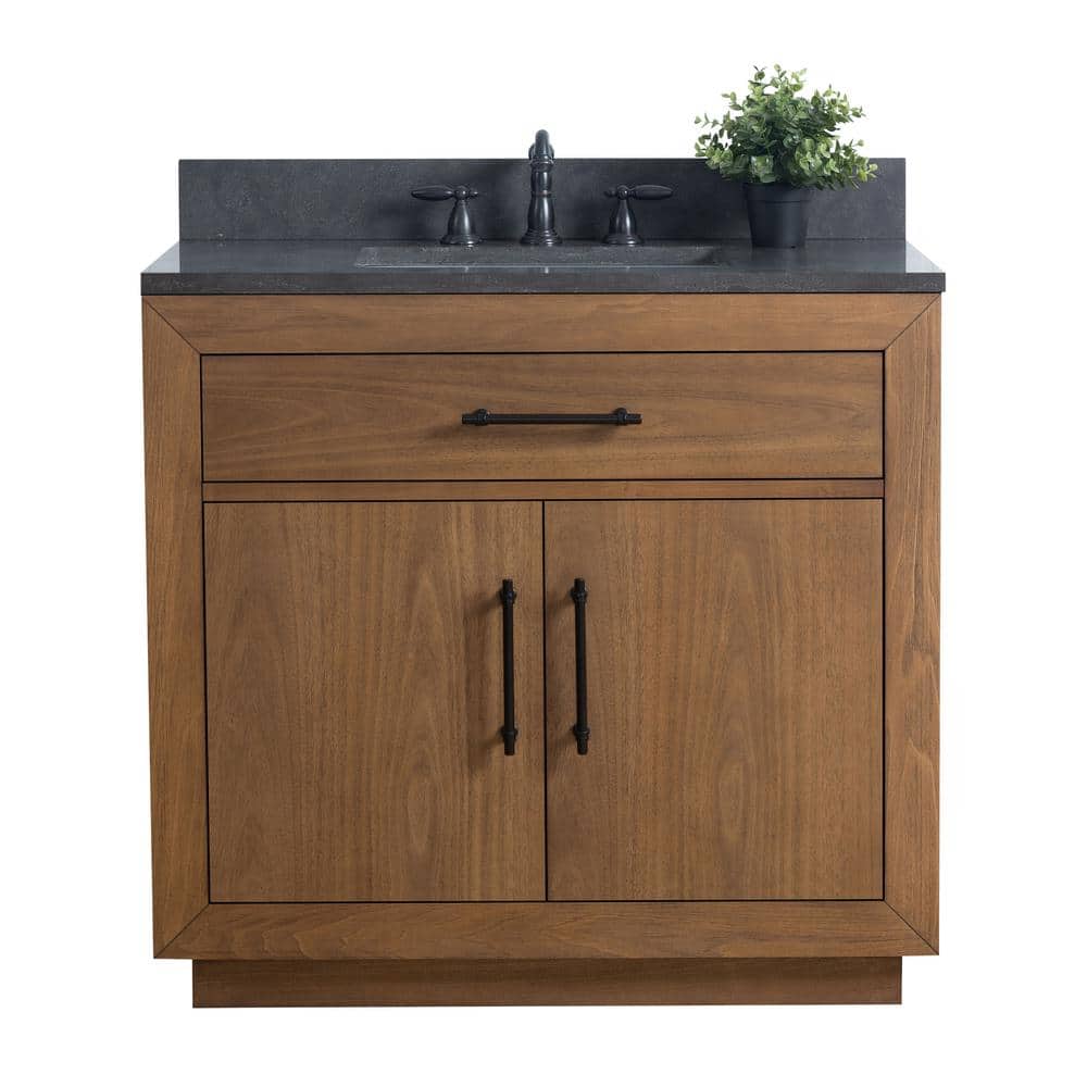 36" Tan Poplar Wood Bathroom Vanity with Black Limestone Top