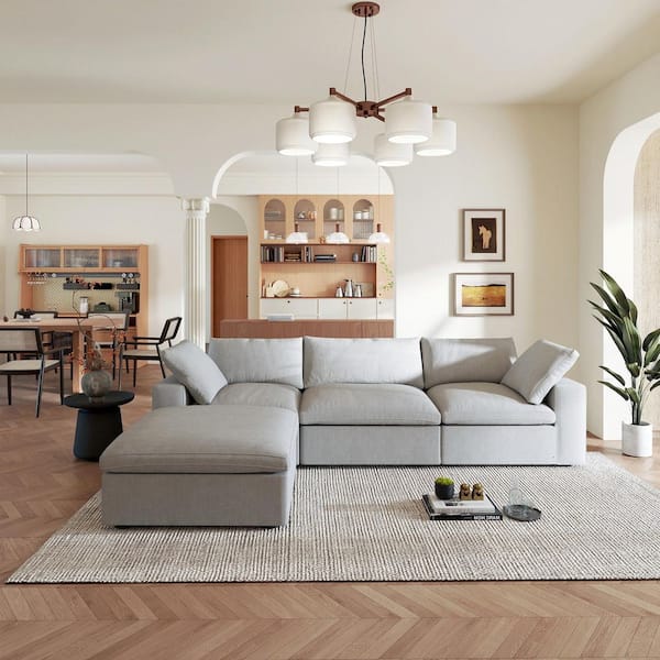 118 in. Square Arm 4-Piece Microfiber L-Shaped Sectional Sofa Cloud Couch in. Gray with Storage Ottoman, Washable Covers