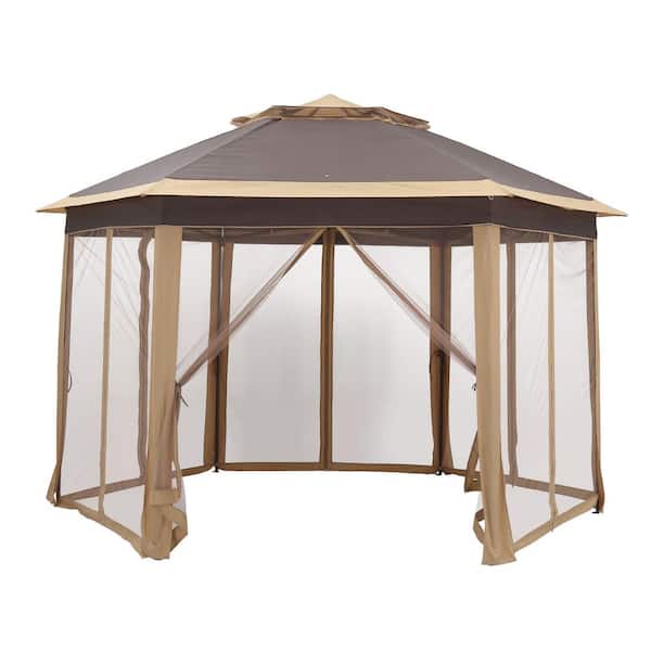 OVASTLKUY 13 ft. x 13 ft. Brown Outdoor Patio Canopy Pop-up Canopy Tent Gazebo with Mesh Double-Roofed