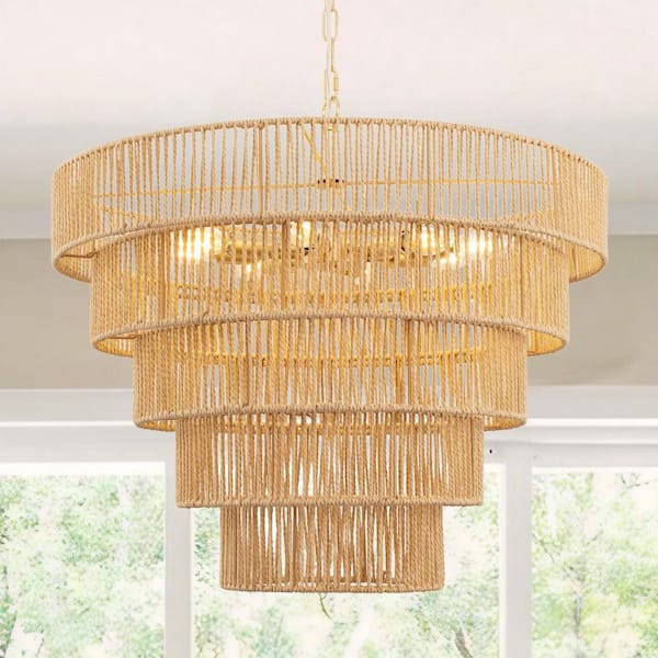 26 in. 8-Light Brown Rattan Boho Chandelier Pendant Light, E12 Base, Adjustable Brass