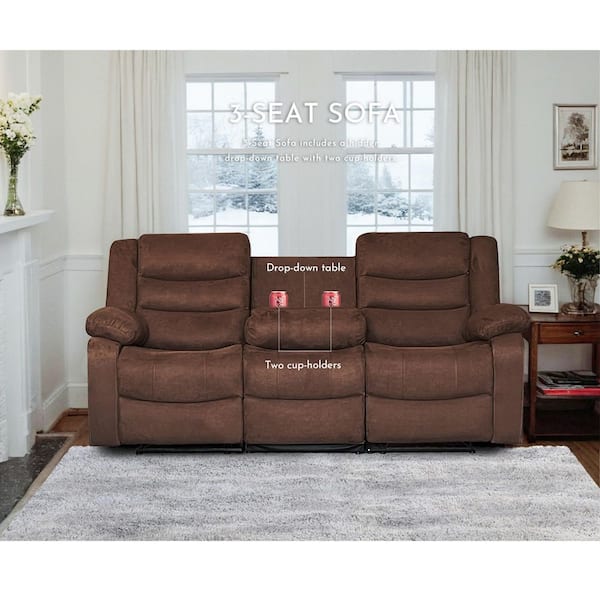 Modern 3-Piece Brown Manual Reclining Living Room Sofa Set with Dropdown Table & Cup Holders