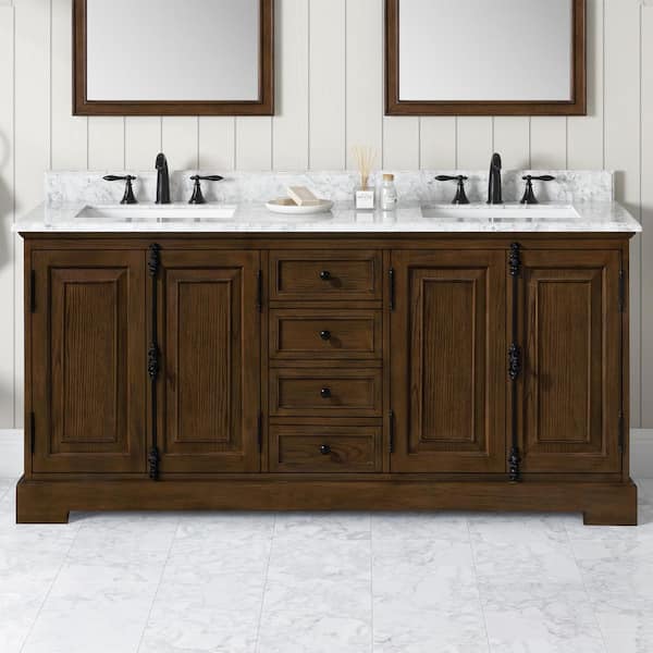 Clinton 72 in. Double Sink Antique Coffee Bath Vanity with Carrara Marble Top (Assembled)