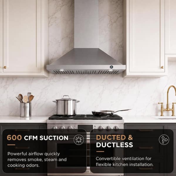 30 in. 600 CFM Convertible Wall Mount Downdraft System in Stainless Steel with 4-Speed, LCD Knob and 10-Year Warranty