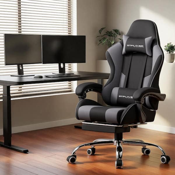 Gaming Chair Fabric Computer Chair with Footrest Height Adjustable Game Chair, Gray