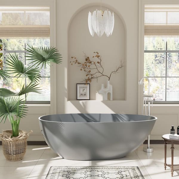 67 in. x 33 in. Solid Surface Stone Resin Freestanding Soaking Bathtub with Center Drain, Drainer and Hose in Matte Gray