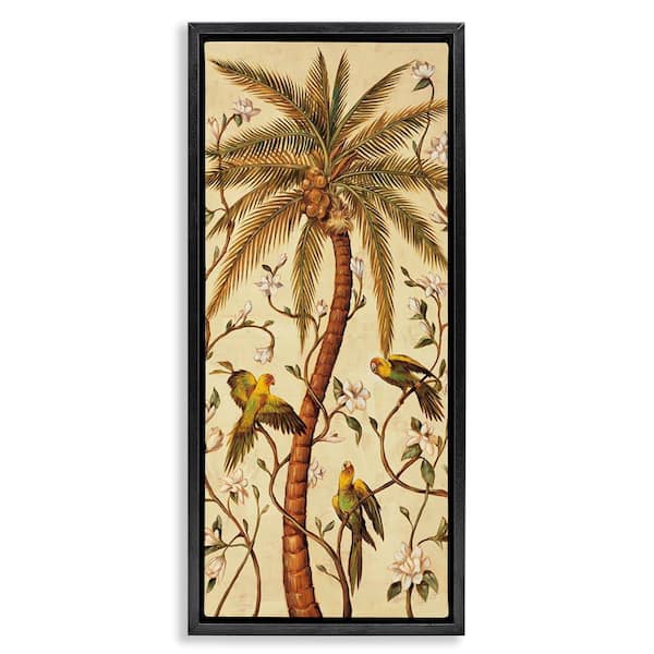 Stupell Industries Parrots and Curvy Palm Tree by Rodolfo Jimenez Black Floater Frame Nature Graphic Art Print 25 in. x 11 in.