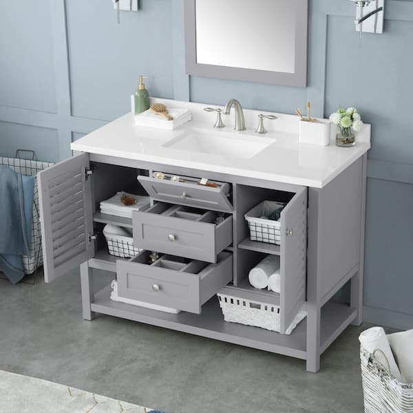 Home Decorators Collection Grace 48 In W X 22 D Bath Vanity Pebble Grey With Cultured Marble Top White Basin 48pg The Depot - Home Depot Bathroom Vanities With Tops 48 Inch