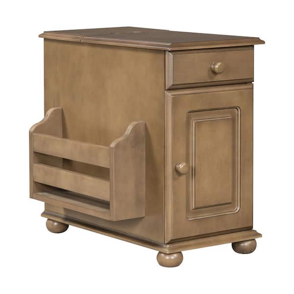 12.6 in. W Brown Rectangle Wood End Table with Charging Station, USB Ports, Tray with Cup Holder, Cabinet Bookshelf