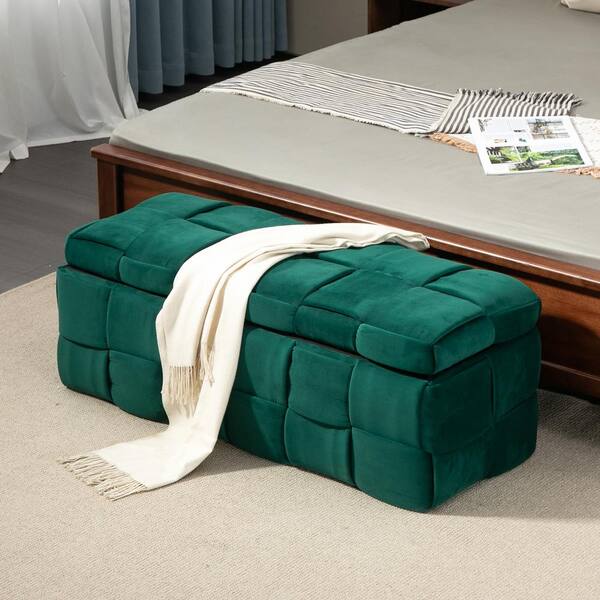 HOMEFUN Modern Long Entryway Green Velvet Bench with Storage Dining Table 2 Seating Upholstered End of Bed Bench Bedroom Bench