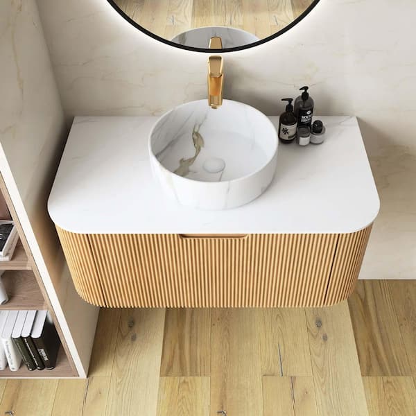Yingze 36 in. Wall Mounted Single Sink Natural Bath Vanity with