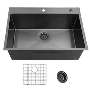 25 in. Drop-In Single Bowl 18-Gauge Gunmetal Black Stainless Steel Kitchen Sink with Bottom Grids