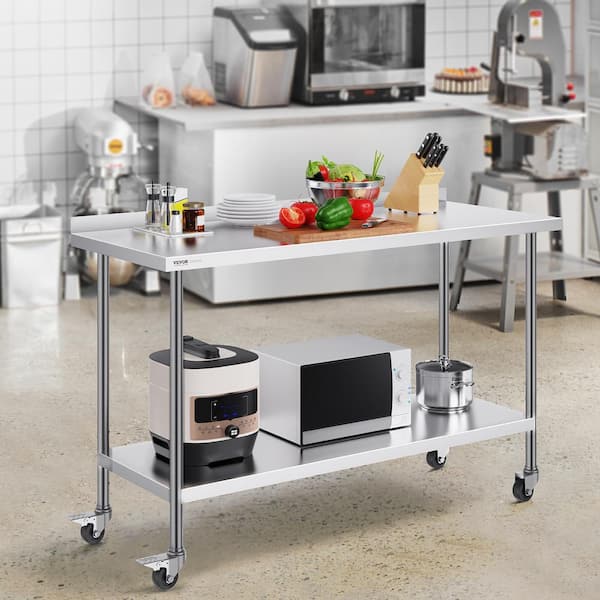 2-4 x 60 x 40 In. Stainless Steel Commercial Kitchen Prep Table with Casters Metal Worktable Adjustable Height Silver