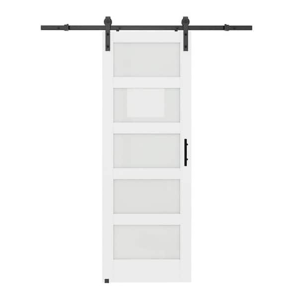 30 in. x 96 in. 5 Lite Tempered Frosted Glass White Primed MDF Wood Sliding Barn Door with Hardware Kit