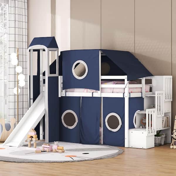Blue Twin Size Wood Loft Bed with Tent and Tower